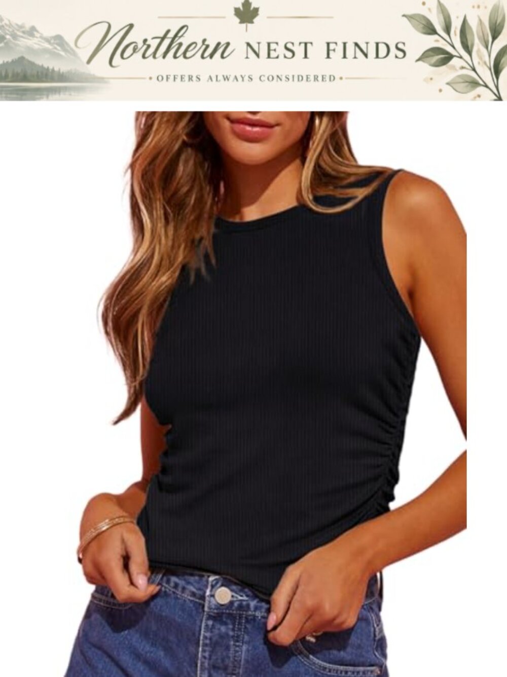 Sleeveless Ribbed Knit Tank Top Side Ruched Slim Fitted Crewneck Basic Tee